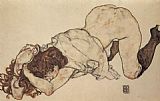 Egon Schiele Paintings - Kneeling girl on both elbows supported by Egon Schiele